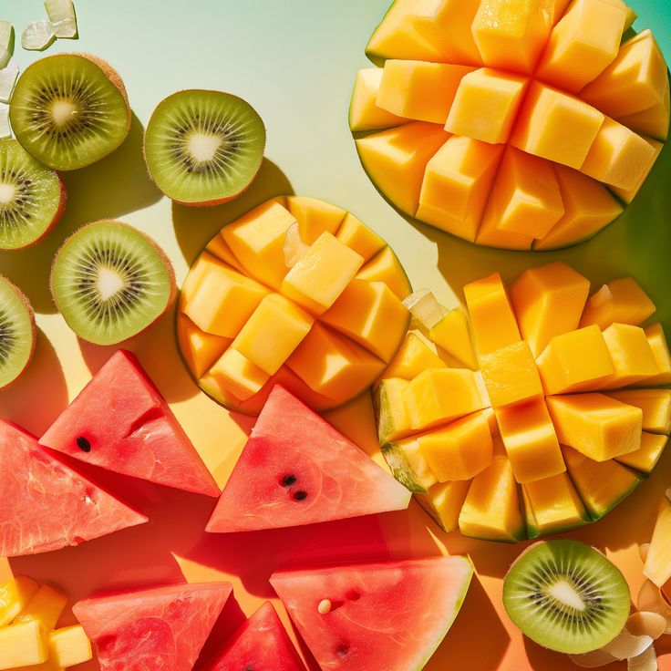 colorful arrangement of fresh mango, kiwi, and watermelon on gradient background